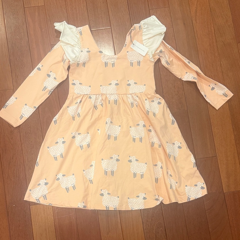 Monica and Andy Girls' Peach Sheep Print  Dress perfect for Easter